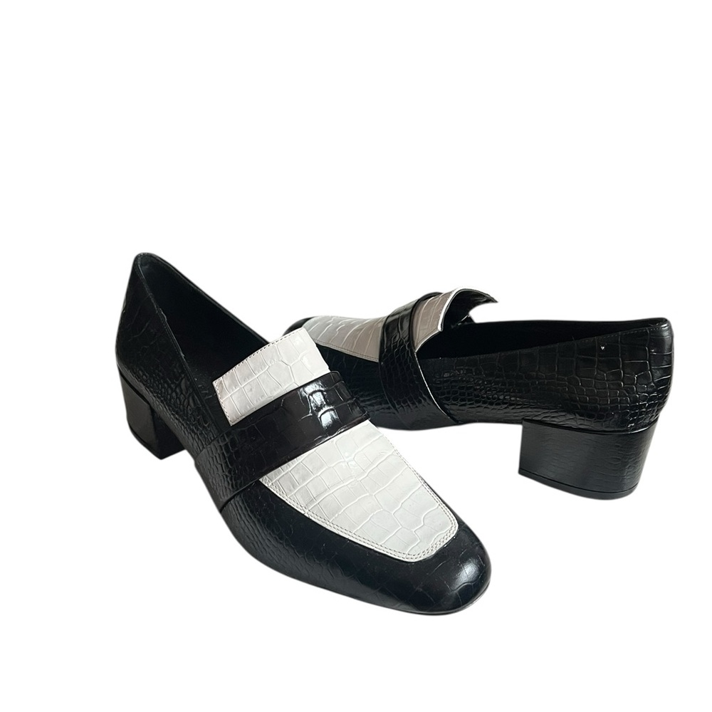 Freda Salvador Black & White Croc Embossed Rock Mid Heel Loafers, Size 9